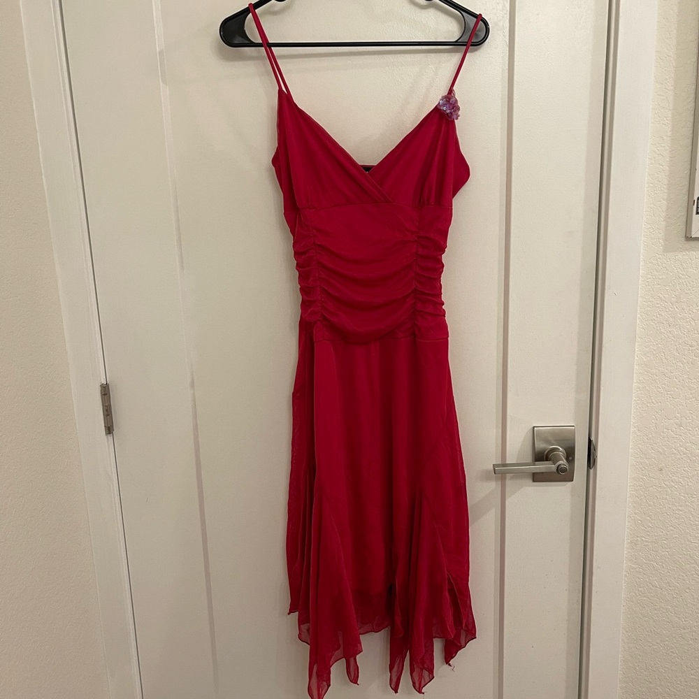 Vintage Pink Red Fairycore Prom Wedding Spaghetti-Strap Ruched Midi
